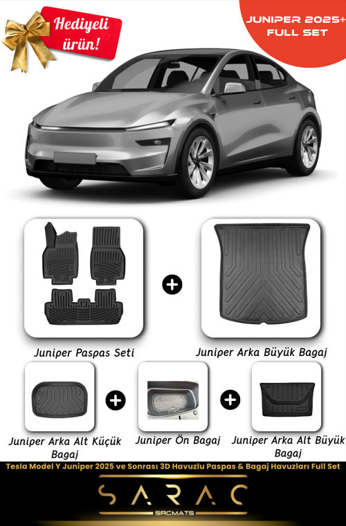 Tesla Model Y Juniper 2025 Ve Sonrası 3D Havuzlu Paspas & Bagaj Havuzları Full Set 5 Parça+Hediyeli!