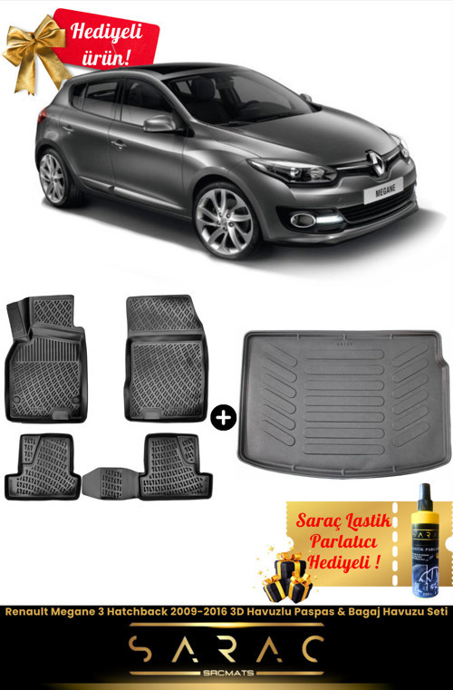 Renault Megane 3 Hatchback 2009-2016 Araca Özel 3D Havuzlu Paspas & Bagaj Havuzu Seti+(Hediyeli!)