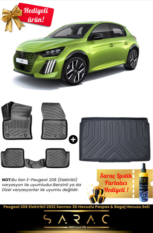 Peugeot 208 Elektrikli 2022 Sonrası Araca Özel 3D Havuzlu Paspas & Bagaj Havuzu Seti+(Hediyeli!)