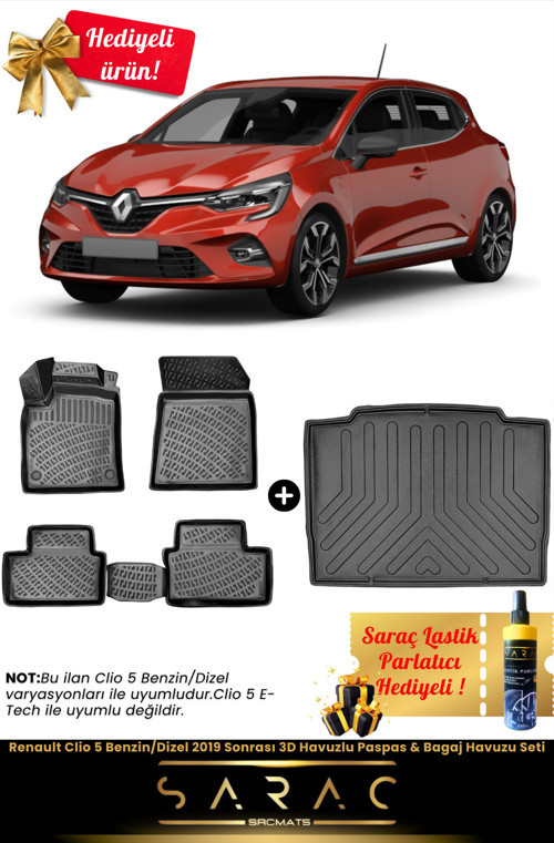 Renault Clio 5 Benzin/Dizel 2019 Sonrası Araca Özel 3D Havuzlu Paspas&Bagaj Havuzu Seti (Hediyeli!)İ