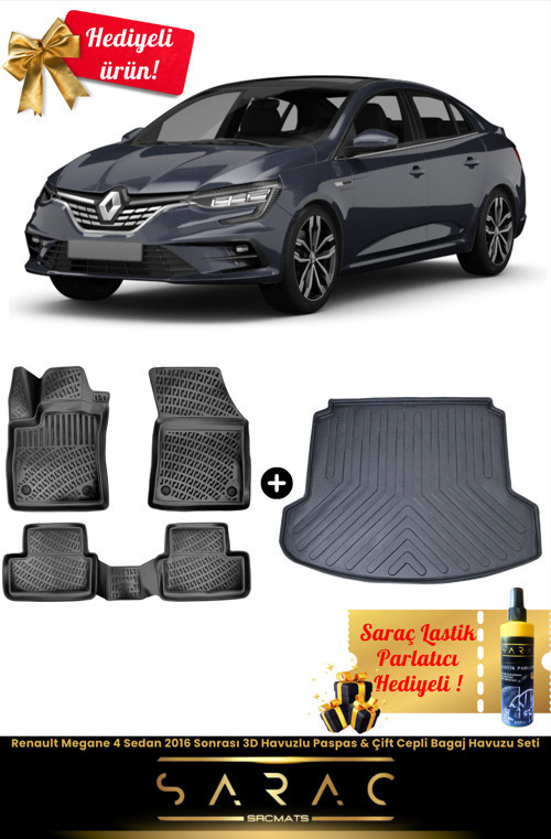Renault Megane 4 Sedan 2016 Sonrası 3D Havuzlu Paspas & Çift Cepli Bagaj Havuzu Seti+(Hediyeli!)