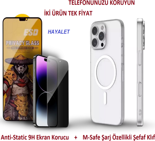 İphone 14 PLUS Uyumlu Anti-Static Ekran Koruyucu HAYALET + M-Safe Şarj Özellikli Arka Klıf Şeffaf