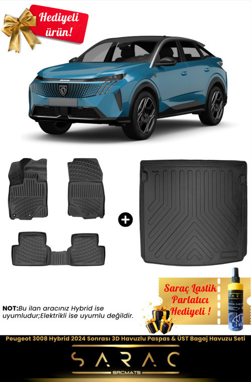Peugeot 3008 Hybrid 2024 Sonrası Araca Özel 3D Havuzlu Paspas & Üst Bagaj Havuzu Seti+(Hediyeli!)