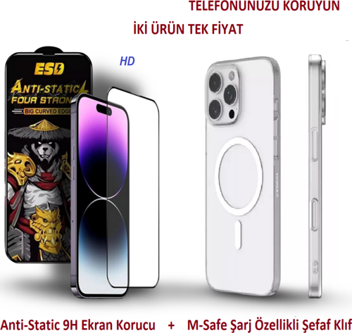 İphone 11 PRO Uyumlu Anti-Static Ekran Koruyucu HD + M-Safe Şarj Özellikli Arka Klıf Şeffaf