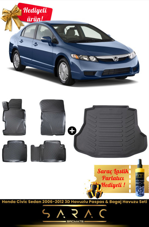 Honda Civic Sedan 2006-2012 Araca Özel 3D Havuzlu Paspas & Bagaj Havuzu Seti (Hediyeli!)