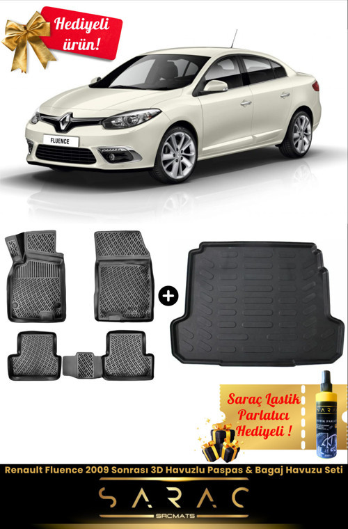 Renault Fluence 2009 Sonrası Araca Özel 3D Havuzlu Paspas & Bagaj Havuzu Seti+(Hediyeli!)