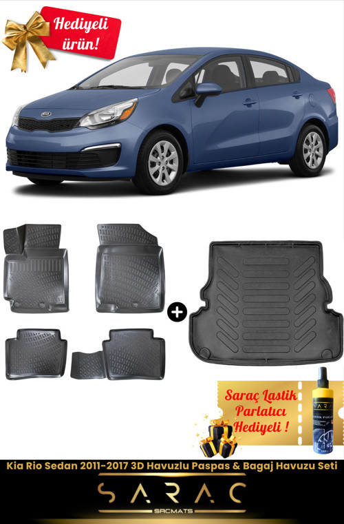 Kia Rio Sedan 2011-2017 Araca Özel 3D Havuzlu Paspas & Bagaj Havuzu Seti+(Hediyeli!)