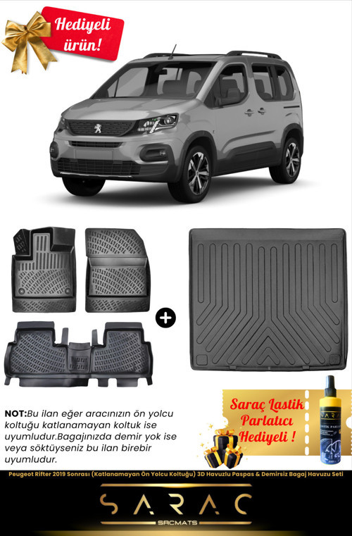 Peugeot Rifter 2019 Sonrası 3D Havuzlu Paspas & Demirsiz Bagaj Havuzu Seti (Hediyeli!)