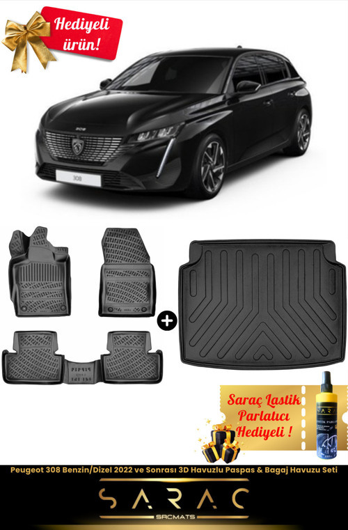 Peugeot 308 Benzin/Dizel 2022 Ve Sonrası Araca Özel 3D Havuzlu Paspas & Bagaj Havuz Seti+(Hediyeli!)