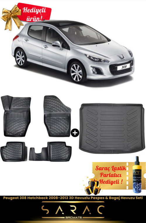 Peugeot 308 Hatchback 2008-2013 Araca Özel 3D Havuzlu Paspas & Bagaj Havuzu Seti+(Hediyeli!)