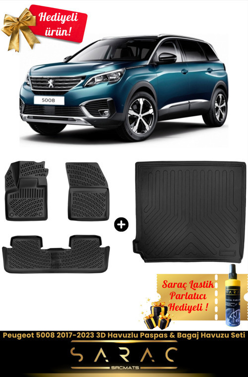 Peugeot 5008 2017-2023 Araca Özel 3D Havuzlu Paspas & Bagaj Havuzu Seti+(Hediyeli!)