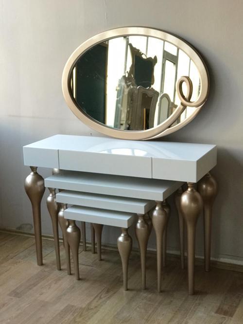 Dresuar-Tombu 18217 Zigon İmza Oval ayna Kayın MDF ayak Tabla Gold-Beyaz