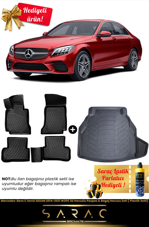 Mercedes-Benz C Serisi Sedan 2014-2021 W205 3D Havuz Paspas&Bagaj Havuz Set(Plastik Setli)+Hediyeli