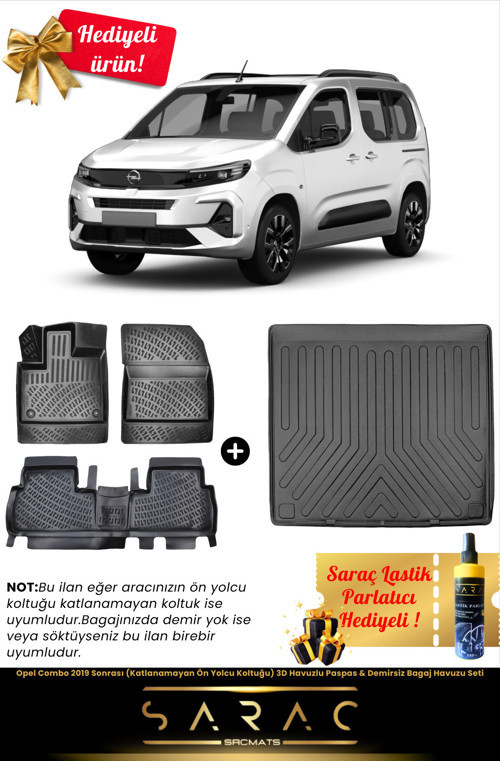 Opel Combo 2019 Sonrası 3D Havuzlu Paspas & Demirsiz Bagaj Havuzu Seti (Hediyeli!)