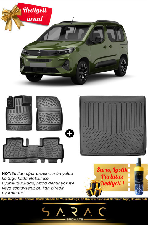 Opel Combo 2019 Sonrası 3D Havuzlu Paspas & Demirsiz Bagaj Havuzu Seti (Hediyeli!)