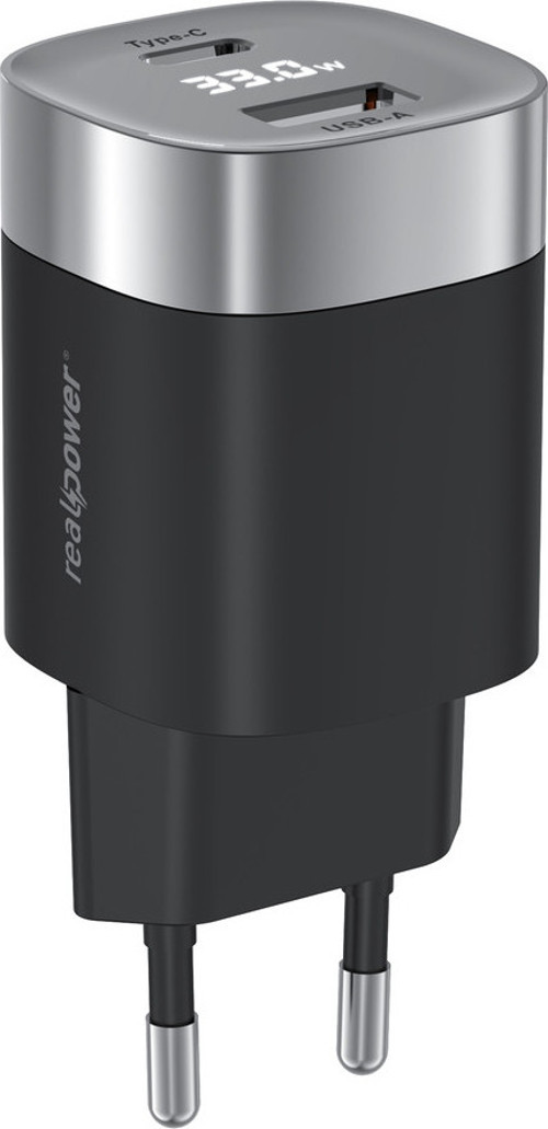 GaN 33W USB-C + USB-A dijital göstergeli hızlı şarj cihazı siyah TC33WBK