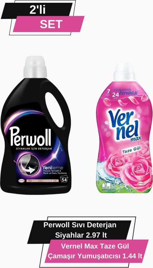 Siyah Deterjan 2,97L + Vernel Max Taze Gül Yumuşatıcı 1,44L x12 Çamaşır Bakım Seti
