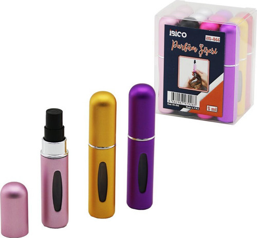 12 ADET MİNİ=CEP - ÇANTA BOY BOŞ SPREY PARFÜM ŞİŞESİ 5ML RENKLİ PLS. SEVİYE PENCERELİ