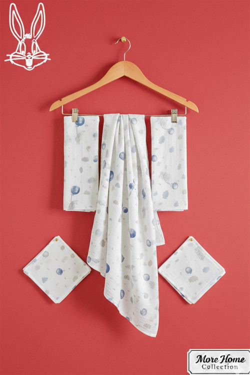 Çok Amaçlı Müslin Bez Battaniye Set 5 Parça Mavi Balonlu Tavşanlı