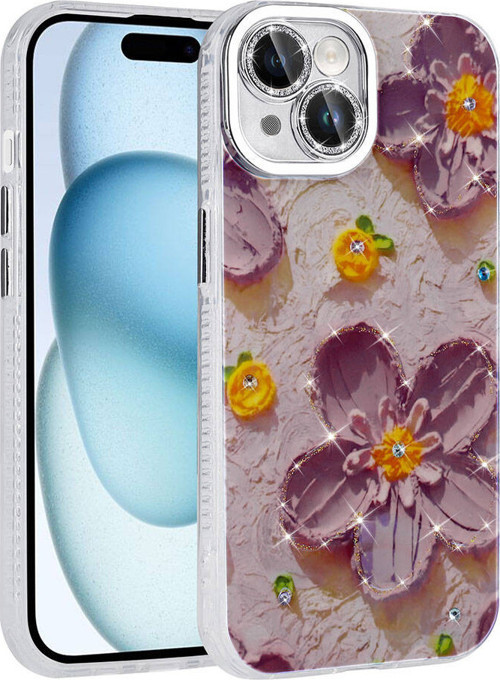 Apple iPhone 15 Kılıf Çiçek Desenli Parlak Taşlı Sert Silikon Kapak