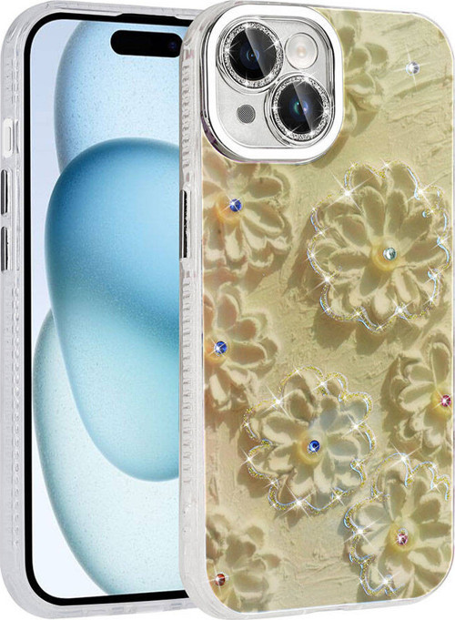 Apple iPhone 15 Kılıf Çiçek Desenli Parlak Taşlı Sert Silikon Kapak