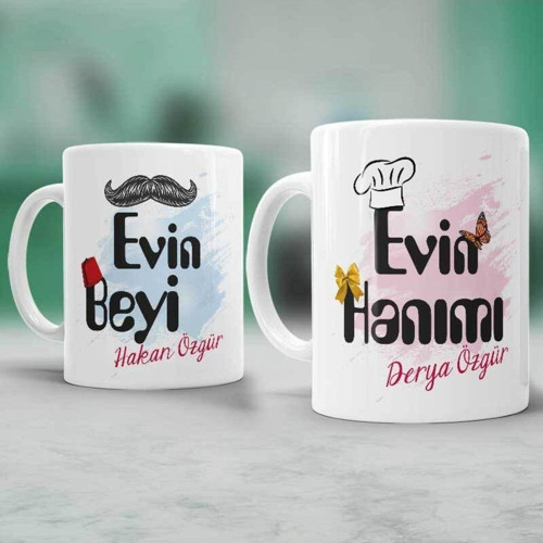 Evin Hanımı Evin Beyi Temalı Kişiye Özel Ikili Bardak