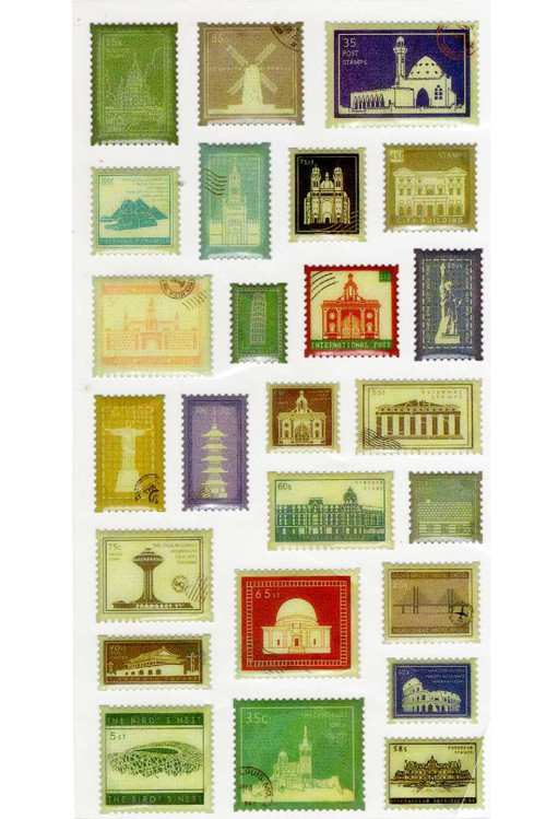 Vintage Sticker Pul Retro Style Kabartmalı Stiker Çıkartma Etiket 9x17 cm - Tarihi Mekanlar Cami Kilise Pul Mektup