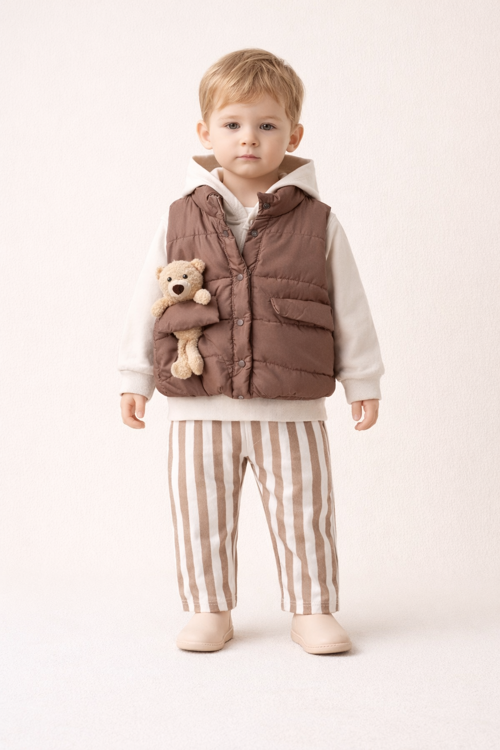 Erkek Bebek 3’lü Takım 9-24 Ay Şişme Yelek %100 Pamuk Sweatshirt Gabardin Pantolon
