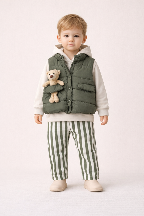Erkek Bebek 3’lü Takım 9-24 Ay Şişme Yelek %100 Pamuk Sweatshirt Gabardin Pantolon