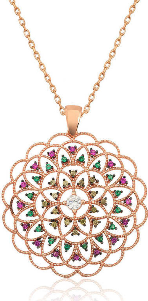 Gümüş Rose Geometrik Desenli Madalyon Kolye