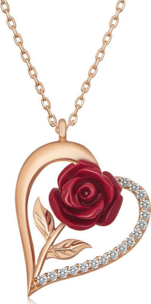 Gümüş Rose Kalpli Kırmızı Gül Kadın Kolye