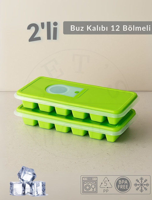 2'li Set Buz Kalıbı 12 Bölmeli Esnek Silikon Buz Küpü BPA FREE Kare Bas Parmak Buzluk 3x3 cm Yeşil