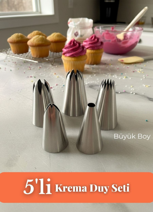 Büyük Boy 5’li Krema Duy Seti – Paslanmaz Çelik Pasta, Cupcake ve Tatlı Süsleme Uçları Set-1
