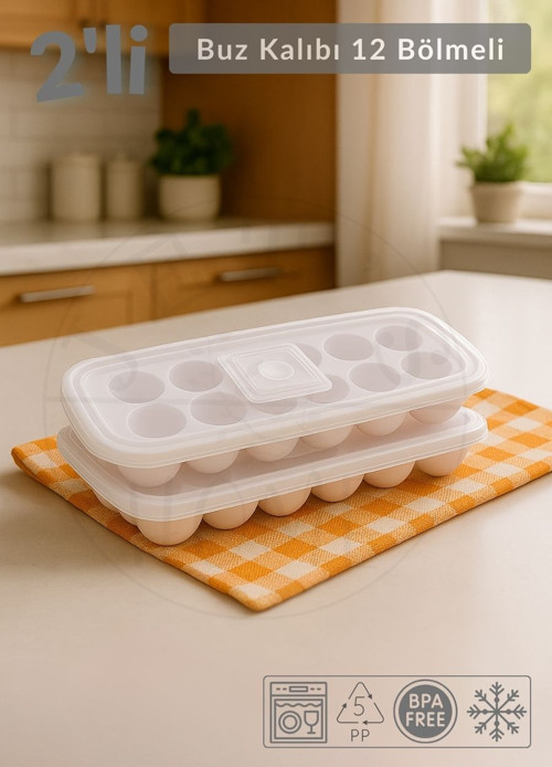 2'li Set Buz Kalıbı 12 Bölmeli Esnek Silikon Buz Küpü BPA FREE Yuvarlak Bas Parmak Buzluk Çapı 3,5 cm Pembe