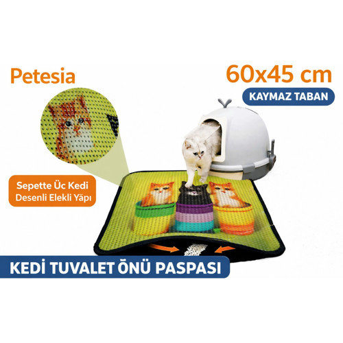Kedi Tuvalet Önü Elekli Paspas 60X45 cm – Kedi Kumu Tutucu, Sepette Üç Kedi Desenli