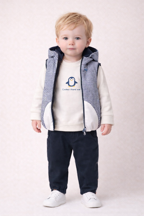 Erkek Bebek 3’lü Takım 9-24 Ay Şişme Yelek %100 Pamuk Sweatshirt Kadife Pantolon