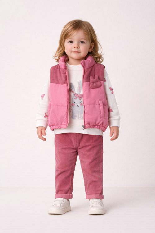 Kız Bebek 3’lü Takım 9-24 Ay Şişme Yelek %100 Pamuk Sweatshirt Gabardin Pantolon