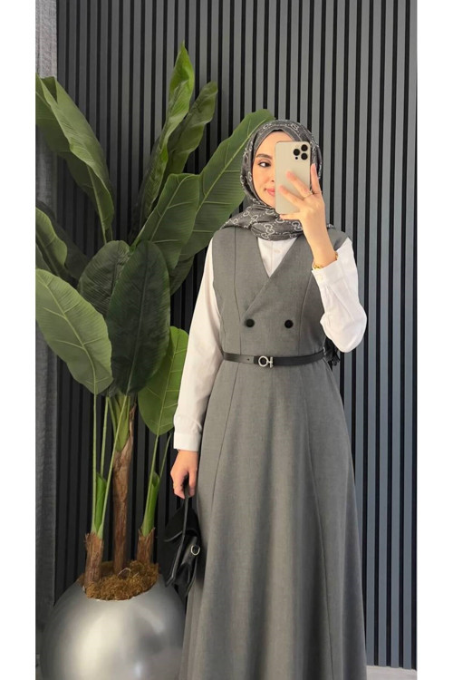 Kadın Çok Şık Düğmeli Uzun Gri Jile