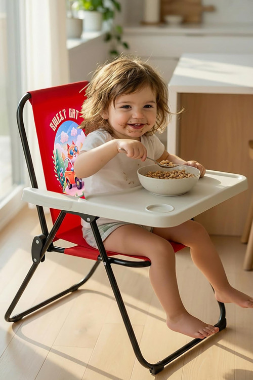 Kids 2–6 Yaş, Sweet Cat Katlanır Portatif Mama Sandalyesi, Tak-Çıkar Masa ile-KIRMIZI