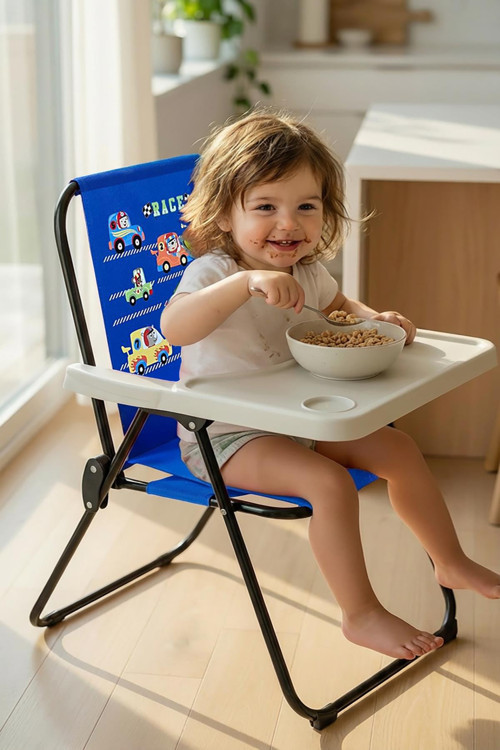 Kids 2–6 Yaş, RACE CAR Katlanır Portatif Mama Sandalyesi, Tak-Çıkar Masa ile-MAVİ
