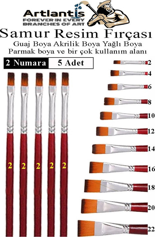 Yassı Uçlu 2 Numara Resim Fırçası 5 li 1 Paket Samur Kesik Uçlu Fırça Seti Guaj Sulu Akrilik Yağlı Boya Fırçaları