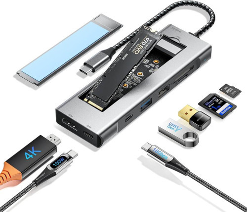 8-İN-1 USB-C HUB M.2 NVME/SATA SSD MUHAFAZA DİSK KUTUSU 10GBPS, 4K HDMI, PD100W
