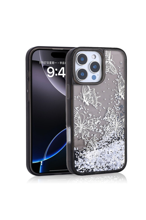 İphone 15 Pro Max Kılıf Sıvılı Simli Kelebek Baskılı Şeffaf Arka Yüzey Klfs Glis Silikon Kapak - Siy