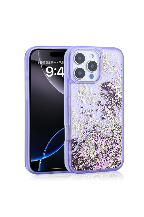 İphone 15 Pro Max Kılıf Sıvılı Simli Kelebek Baskılı Şeffaf Arka Yüzey Klfs Glis Silikon Kapak - Mor