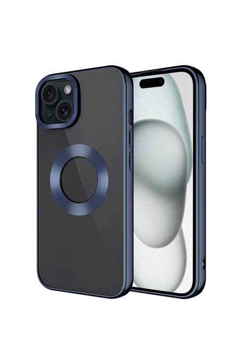 İphone 15 Plus Uyumlu Tek Kamera Çerçeveli Logo Gösteren Klfs Omega Kılıf-Lacivert