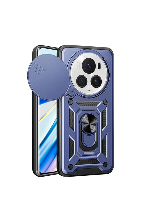 Honor Magic 6 Pro Uyumlu Kılıf Magnetik Standlı Kamera Korumalı Klfs Sürgülü Vega Kapak-Mavi