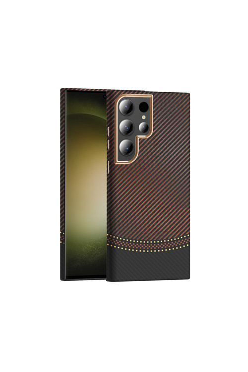 Galaxy S23 Ultra Kılıf M-Safe Şarj Özellikli Karbon Fiber Görünümlü Klfs Gros Kapak - Gold-Siyah