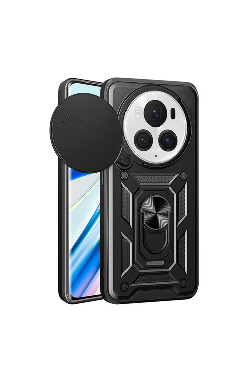 Honor Magic 6 Pro Uyumlu Kılıf Magnetik Standlı Kamera Korumalı Klfs Sürgülü Vega Kapak-Siyah