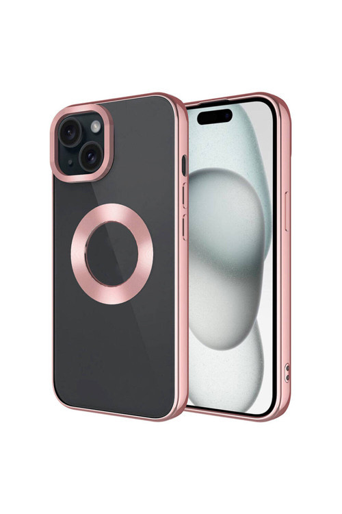 İphone 15 Plus Uyumlu Tek Kamera Çerçeveli Logo Gösteren Klfs Omega Kılıf-Rose Gold