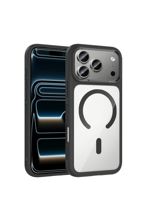 İphone 17 Pro Kılıf M-Safe Şarj Özellikli Metal Kamera Çerçeveli Zore Tiko Kapak - Siyah